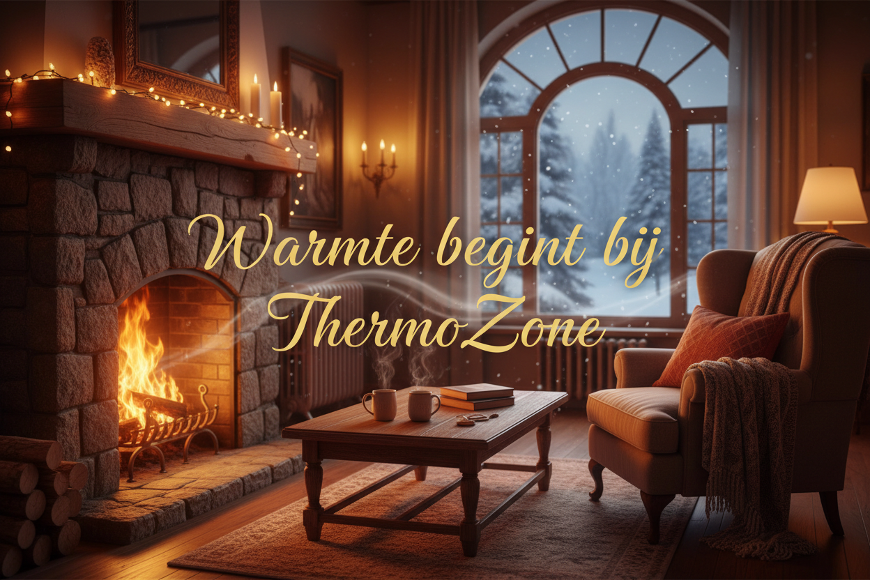 maak een vertrouwelijke foto met de tekst: ''Warmte begint bij ThermoZone' met een warme winter sfeer\
